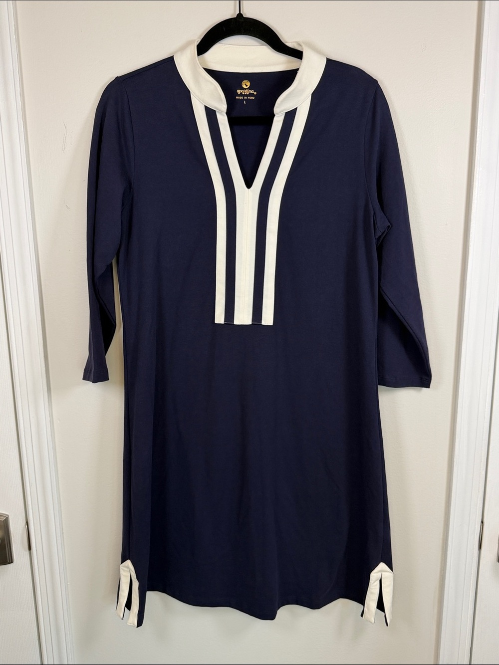 Spartina 449 Monica Tunic Dress Navy Blue White Cotton 3/4 Sleeve L Preppy
